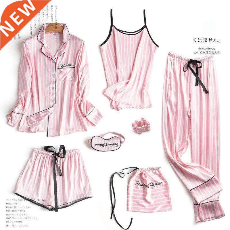 JULY'S SONG Pink 7 Pieces Women's Pajamas Sets Faux Silk Str