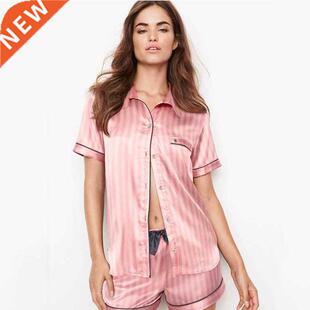 Summer Pajamas for Women Satin Silk Stripes Sleepwear Pyjama