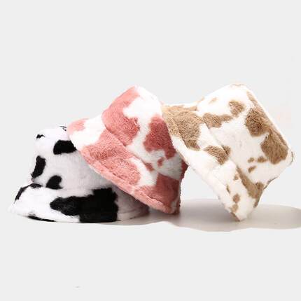 New Winter Cow Print Plush Bucket Hats for Women Tourism Out