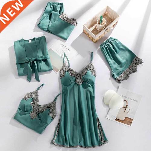 5PCS Sleepwear Sleep Suit Sexy Womens Lace Pajamas Sets V-Ne