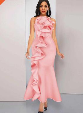 S-4xl Full-size halter top pink flounces for ladies大码礼服