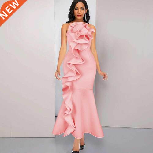 S-4xl Full-size halter top pink flounces for ladies大码礼服
