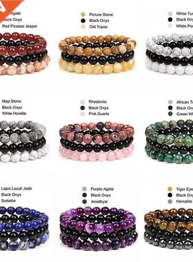 8mm Natural Stone Bracelet Sets 3Pcs/set Rhodonite Rose Pink
