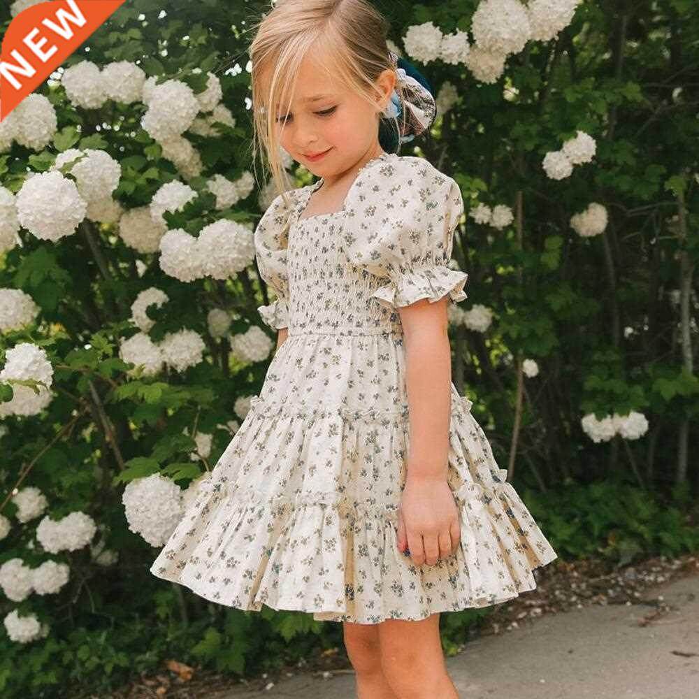 2022 New Floral Summer Dress For Girls Flower Puff Sleeve Fr