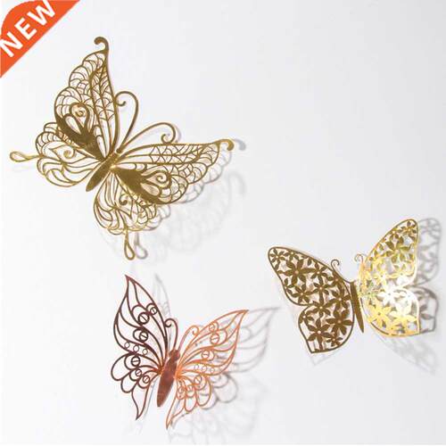 12PCS 3D Wll Stickers Hollow Rose Gold/Golden/Silver Butter