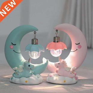 LED Night Light Resin Moon Unicorn Cartoon Baby Lamp Romanti