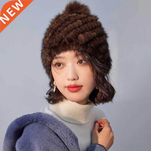 2021 Real Mink Fur Hat Women's Knitted Natural Fur Caps Lady