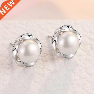silver color Pearl Stud Earrings Flower Design Earrings For