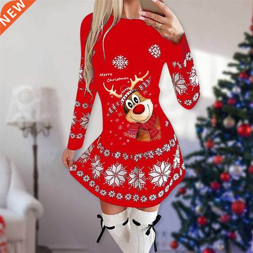 2022 New Women's Christmas print dress女士性感圣诞印花连衣裙