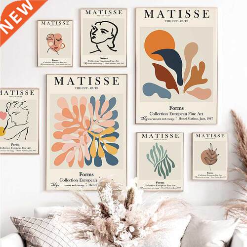 Abstract Matisse Line Face Coral Leaves Wall Art Painting N