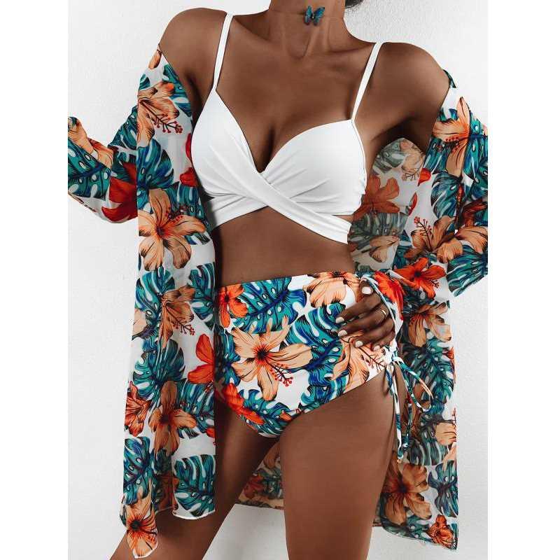 2022 New Sexy Three Pieces Bikini Set Cover Up Swimwear Wome