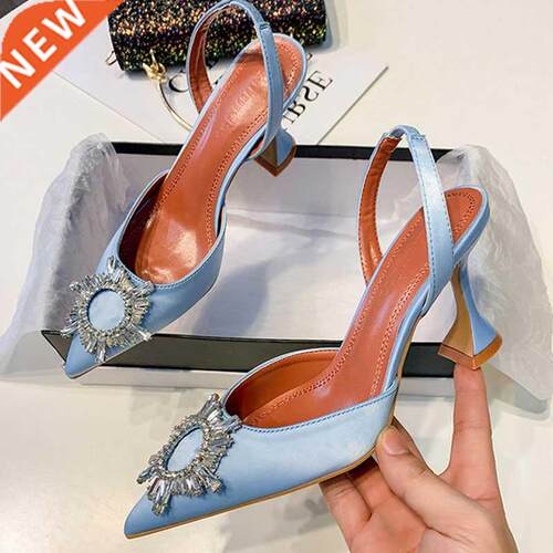 Big Size 41 42 Blue Women Pumps Silk Satin Pointy Toe Rhines