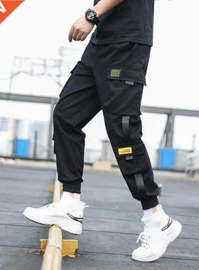 Men's Side Pockets Cargo Harem Pants 2022 Ribbons Black Hip