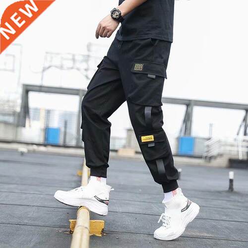 Men's Side Pockets Cargo Harem Pants 2022 Ribbons Black Hip