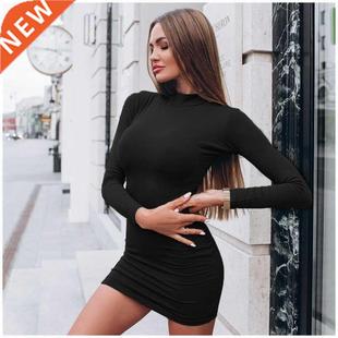 Autumn Sexy Solid Color Turtleneck Skinny Mini Dress Women F