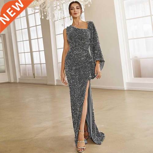 Prom Party Dresses 欧美紧身长裙婚礼亮片小拖尾晚礼服连衣裙女