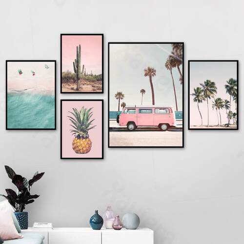 Pink Bus Cactus Pineapple Blue Sea Beach Wall Art Canvas Pai