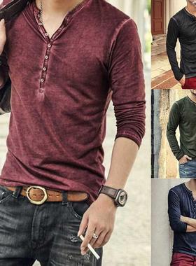 2022 Men Tee Shirt V-neck Long Sleeve Tee&ops Stylish Slim B