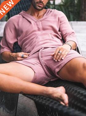 Fashion Men Two Piece Set Casual Cotton Linen Solid Loose Ou