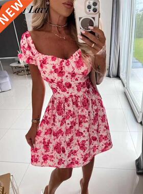 Summer Sweet Floral Print Puff Sves Mini Dress Sexy Low C