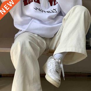 HOUZHOU Beige Corduroy Vintage Wide Leg Pants Women Korean S