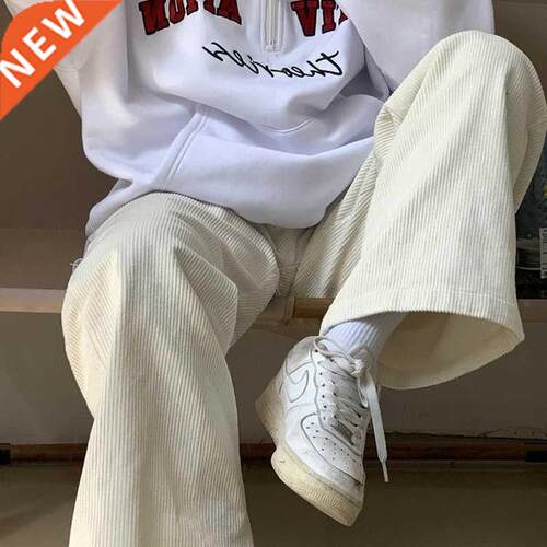 HOUZHOU Beige Corduroy Vintage Wide Leg Pants Women Korean S