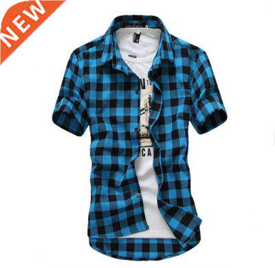 Plaid Short Sleeve Shirt Slim Fit Men Fashion T rend 2022