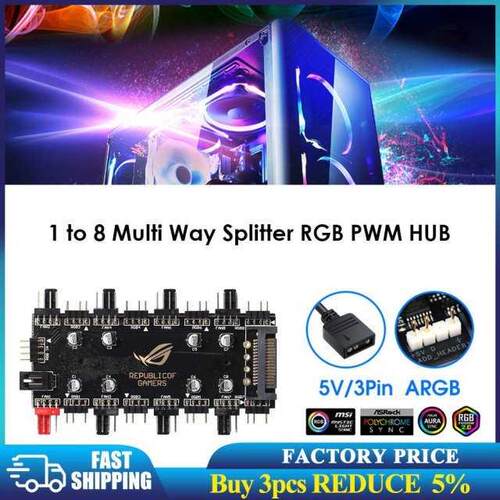 5V/3 Pin ARGB 4 Pin Fan PWM HUB 1 To 8 Multi Way Splitter fo