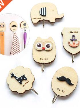 Wall Mounted Coat Hook Wooden Cartoon Pattern Sticky Hooks