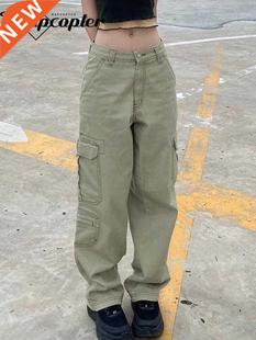 Rapcopter y2k Green Cargo Jeans Big Pockets Low Waisted Trou