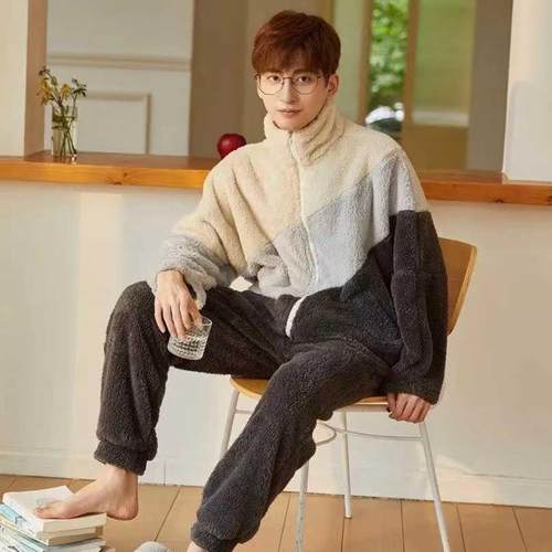 Coral Velvet Pajamas Sets For Men Winter Thick Warm Long Sle