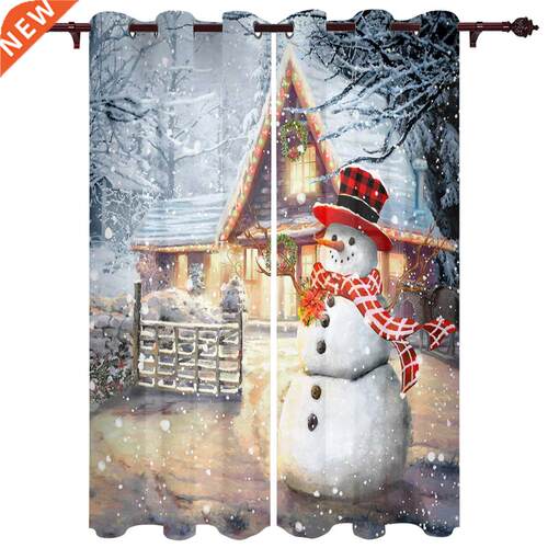 Christmas Snowman Forest Winter Houses Window Curtains for