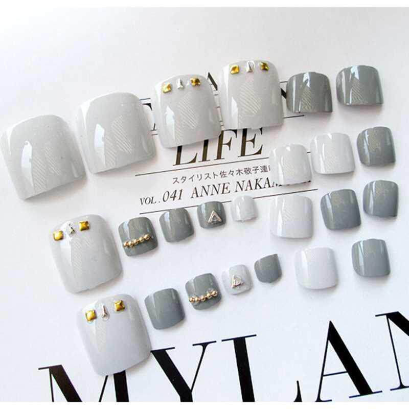 24Pcs Fashion Gray Short False Fake Artificial Toe Nails