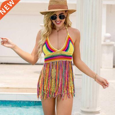 Crochet Hollow Out Tassel Beach Cover Up Sexy Women Mini Top