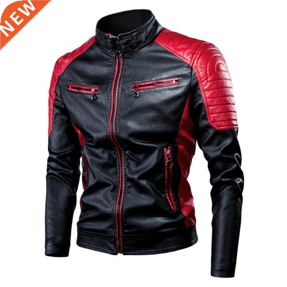 Men Coat Contrast Colors Stand Collar Motor Slim Vintage Cla