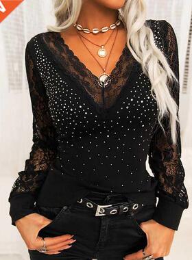Shirts for Women Lace Long Sleeve Tshirts Spring Autumn Ladi