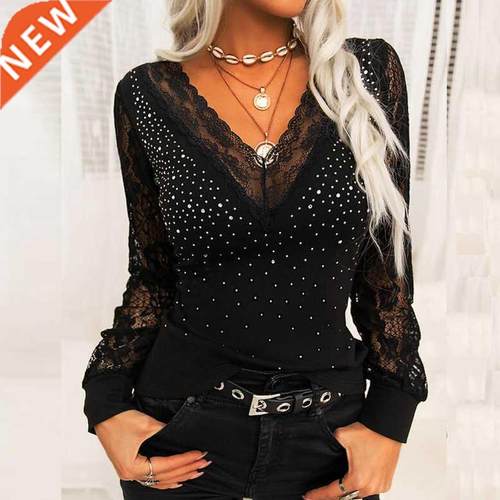 Shirts for Women Lace Long Sleeve Tshirts Spring Autumn Ladi