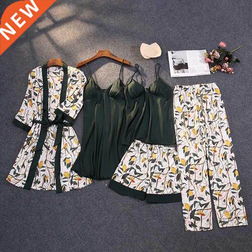 Print Pajamas Set Silky Women 5 Piece Sleepwear Satin Lace S