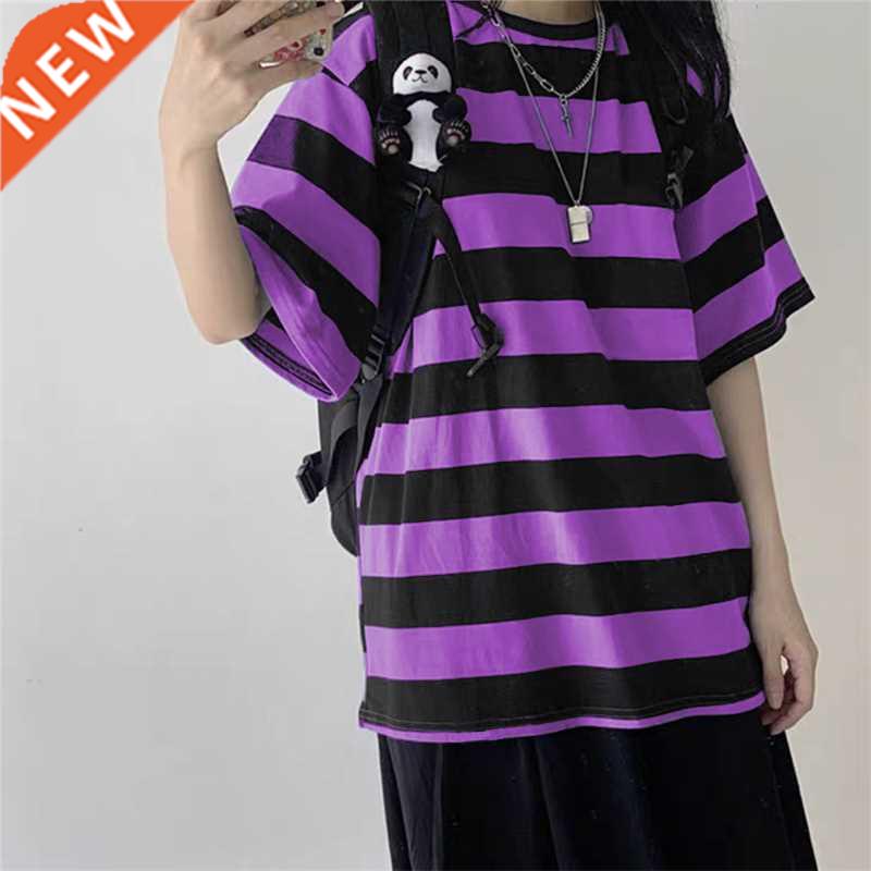 Women T-Shirts Harajuku Goth Punk stripe Print Short Sleeve