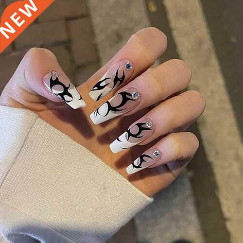 24pcs Printing Nails Patch Mid Length Coffin Detachable Hall