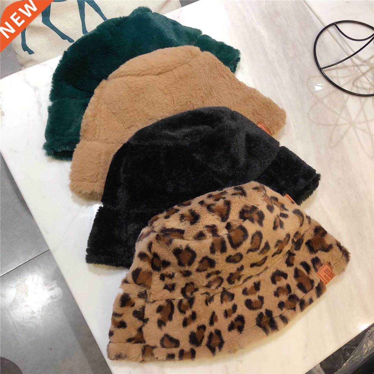 Winter Cow Leopard Print Faux Fur Plush Bucket Hats For Wome