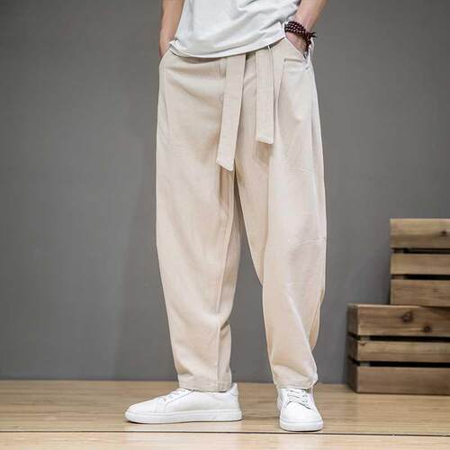 Spring Cotton Linen Pants Men Elastic Waist Casual Harem Pan