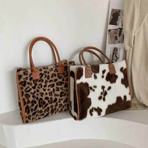 -Handle Bags Retro Cow Leopard Print PU Leather Plush Des