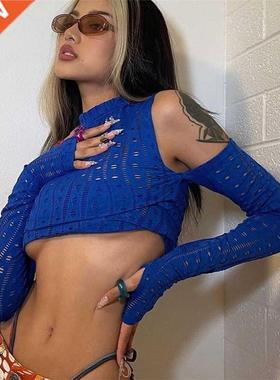 Short T-Shirt Long-Sleeved Crop Top Hollow Sexy Design Tees