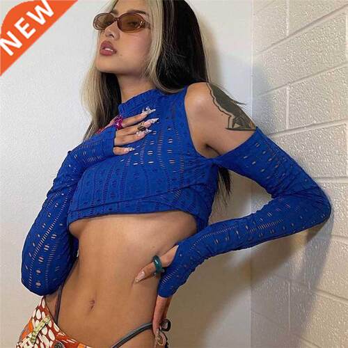 Short T-Shirt Long-Sleeved Crop Top Hollow Sexy Design Tees