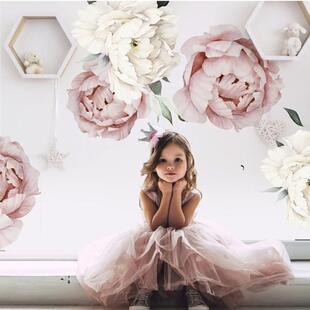 Pink White Watercolor Peony Flowers Wall Stickers for Kids R