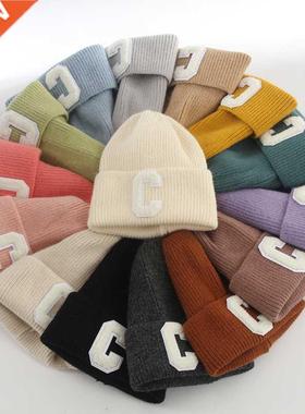 Autumn And Winter Candy Color Letter C Label Knit Hat Women