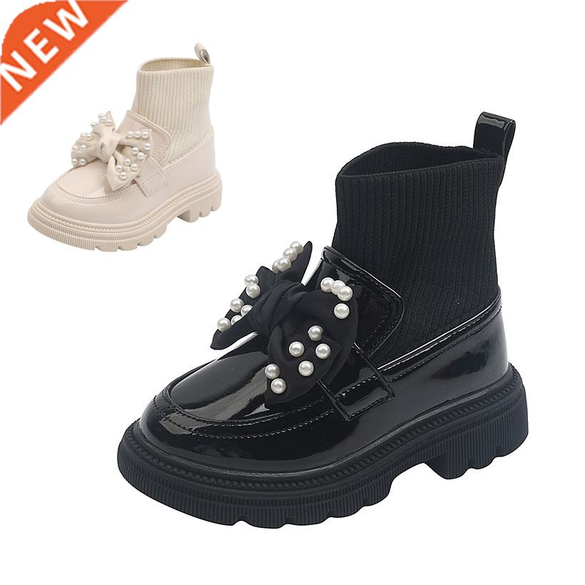 Kids Slip-on Shoes Girl Knit Ankle Patent Leather Boots Pear
