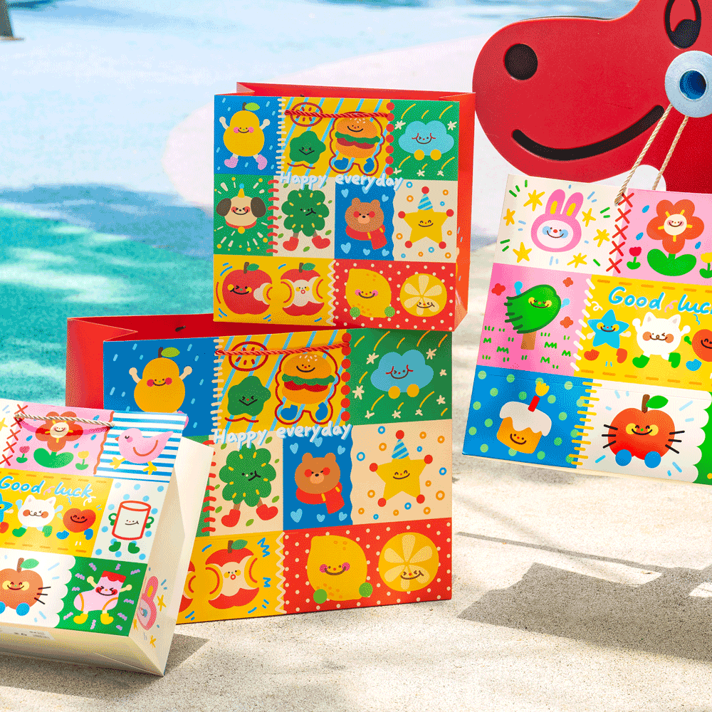 喵述卡通文字系列四款ins卡通高颜值小清新日常个性可爱礼品袋原装动漫小动物手提袋收纳送礼儿童精美礼品袋