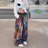 AC24FW1981视觉错视3D数码 打印花油漆彩虹涂绘宽松男女帆布牛仔裤